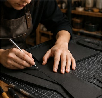 Ren cutting black EVA foam on a cutting mat at the workbench